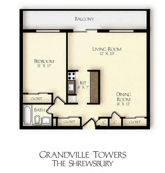 Floor plan for 1 bed, 1 bath, 800 sqft